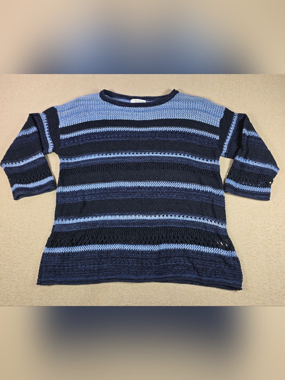 Christopher & Banks Petite XL Blue Black Crochet Knit Striped Sweater Top